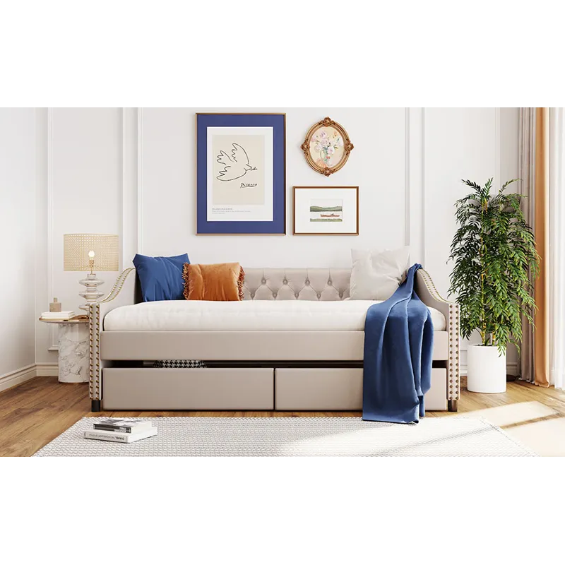 Full Size Upholstered Daybed With Two Drawers, Wood Slat Support - Beige
