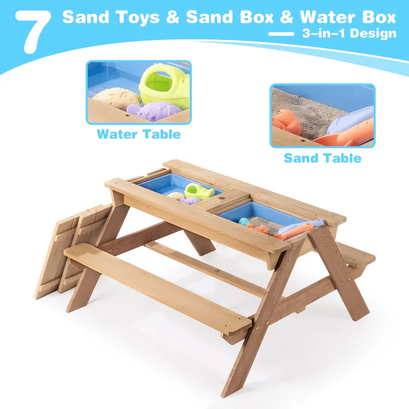 3-In-1 Kids Outdoor Wooden Picnic Table With Umbrella, Convertible Sand & Water, ASTM & CPSIA Certif