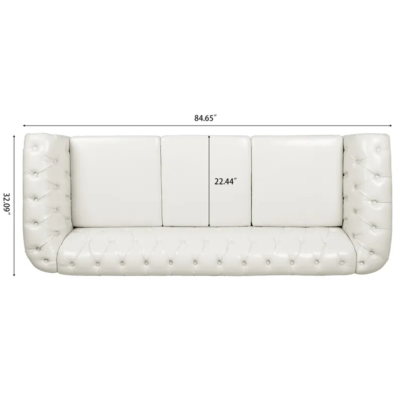 84.65\" Rolled Arm Chesterfield 3 Seater Sofa - White