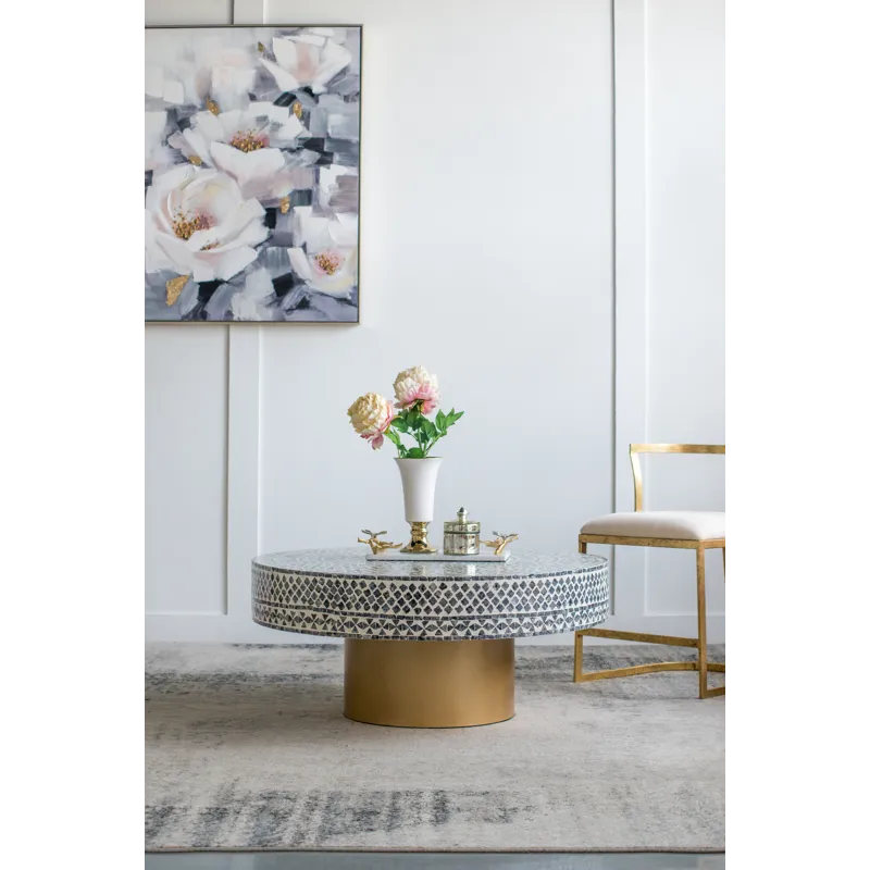 Unique Capiz Coffee Table With Pedestal Base - Gray / Ivory / Gold