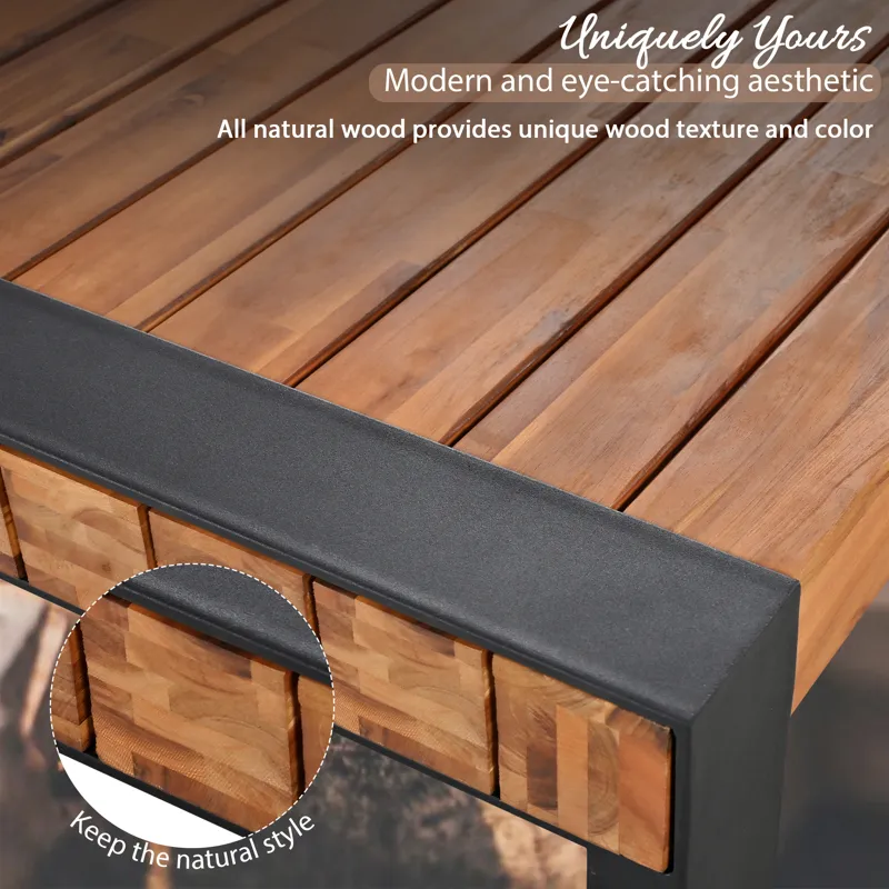3 Pieces Outdoor Dining Table With 2 Benches, Patio Dining Set With Unique Top Texture, Acacia Wood 