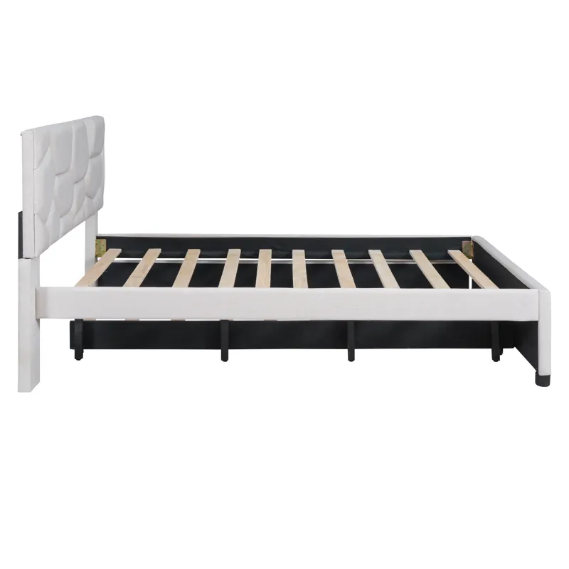 Full Size Upholstered Platform Bed With Brick Pattern Headboard And Twin Size Trundle, Linen - Beige