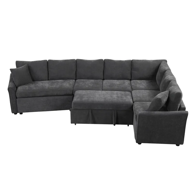 L-Shaped Sofa Convertible Sofa Bed Pull Out Sofa Sleeper With Two Back Pillows, Two USB Ports And Tw