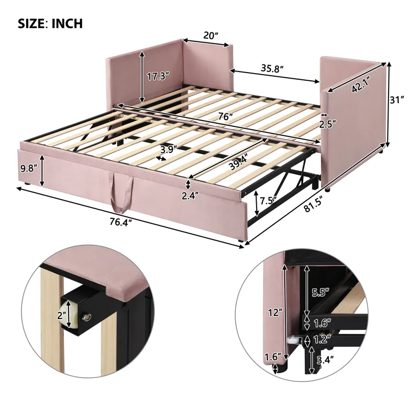 Twin Size Upholstered Daybed With Pop Up Trundle - Pink