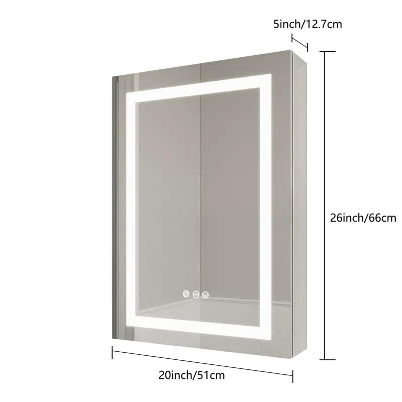 26X20\" Bathroom Medicine Cabinet With LED Mirror, Anti-Fog, Waterproof, 3000K~6000K Single Door Lig