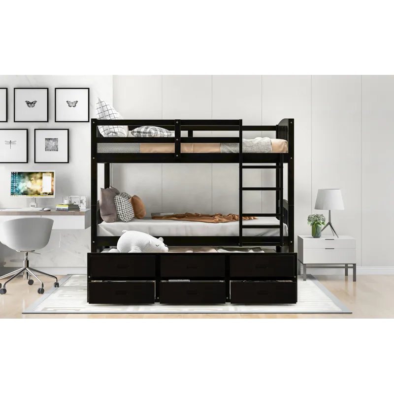 Twin Over Twin Wood Bunk Bed With Trundle And Drawers - Espresso