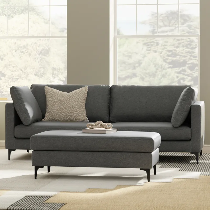 Ava - 90\" Mid Century Sofa with Ottoman Set - Pebble Gray