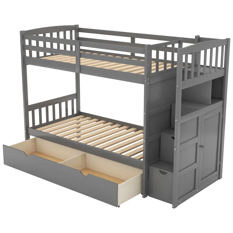 Twin Over Full / Twin Bunk Bed, Convertible Bottom Bed, Storage Shelves And Drawers - Gray