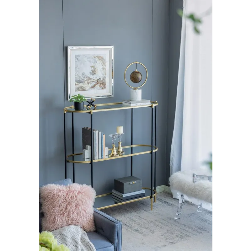 3 Tier Metal Console Table Mirrored Shelf - Black / Gold