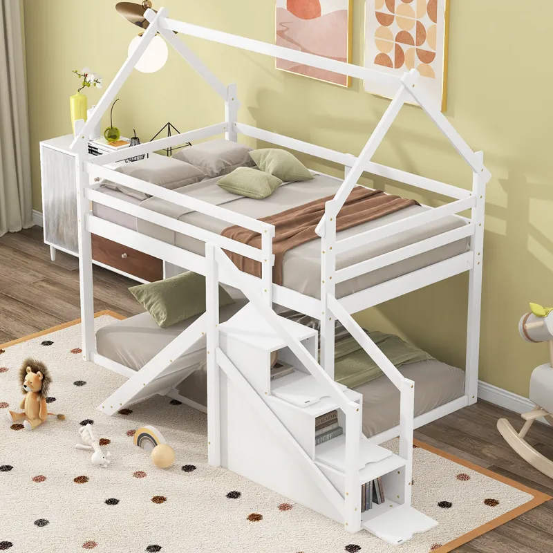 Twin Over Twin House Loft Or Bunk Bed With Slide And Staircase - White