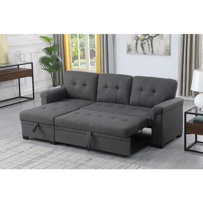 Lucca - Linen Reversible Sleeper Sectional Sofa With Storage Chaise - Dark Gray