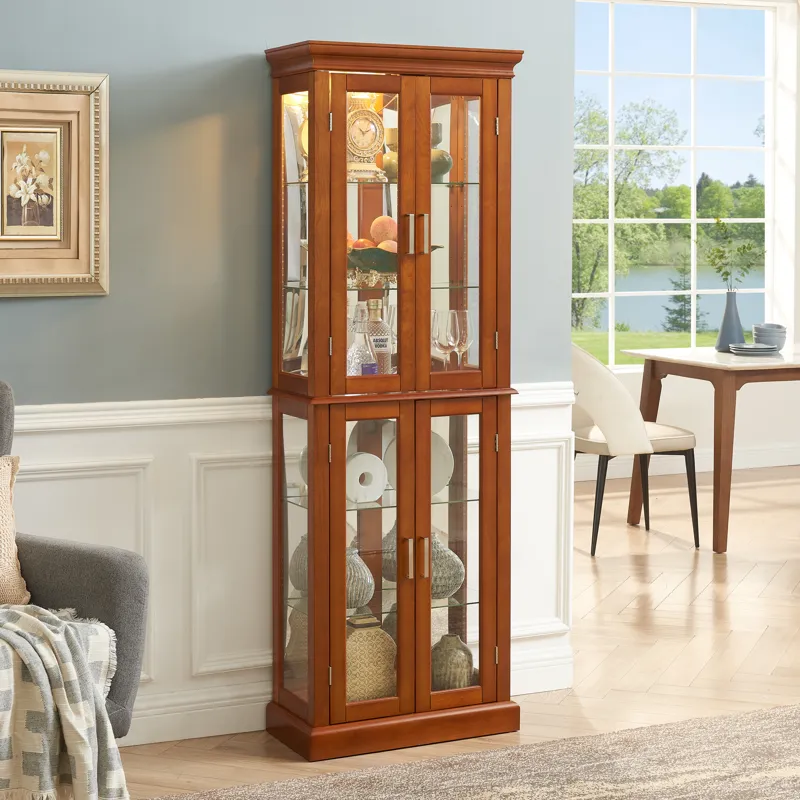 Curio Cabinet Lighted Curio Diapaly Cabinet With Adjustable Shelves And Mirrored Back Panel, Tempere