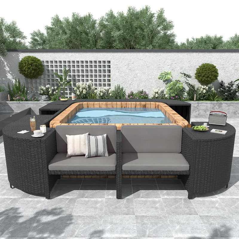 Spa Surround Spa Frame Quadrilateral Outdoor Rattan Sectional Sofa Set With Mini Sofa, Wooden Seats 