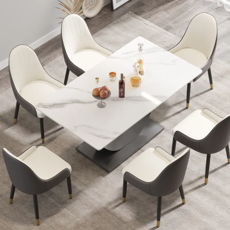 63\" Modern Artificial Stone Crescent-Shaped Metal Legs, Can Accommodate 6-8 People - White / Black