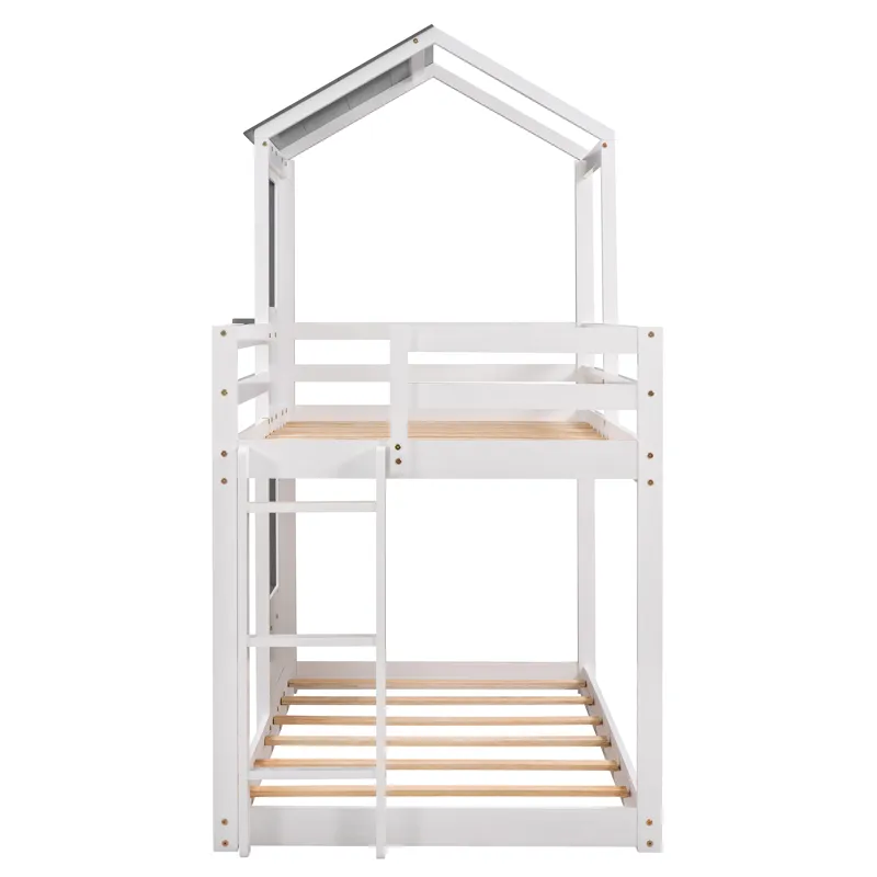 Twin Over Twin Bunk Bed Wood Bed & Roof, Window, Guardrail, Ladder - White
