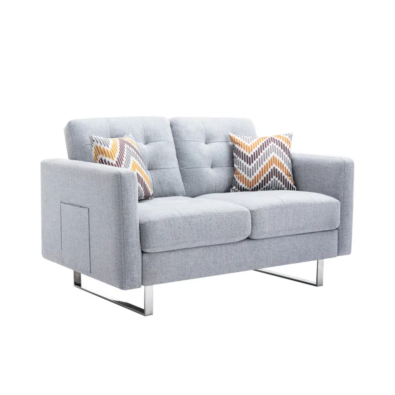 Victoria - Linen Fabric Loveseat With Metal Legs, Side Pockets, And Pillows - Light Gray