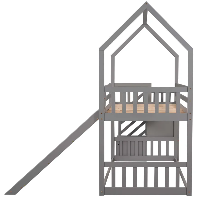 Twin Over Twin House Bunk Bed With Convertible Slide, Storage Staircase Can Be Placed Left Or Right 