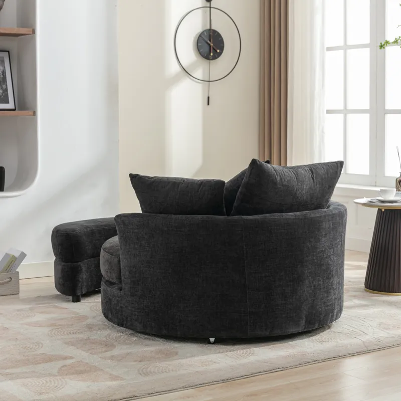 360° Swivel Accent Barrel Chair With Storage Ottoman & 4 Pillows, Modern Chenille Leisure Chair Roun