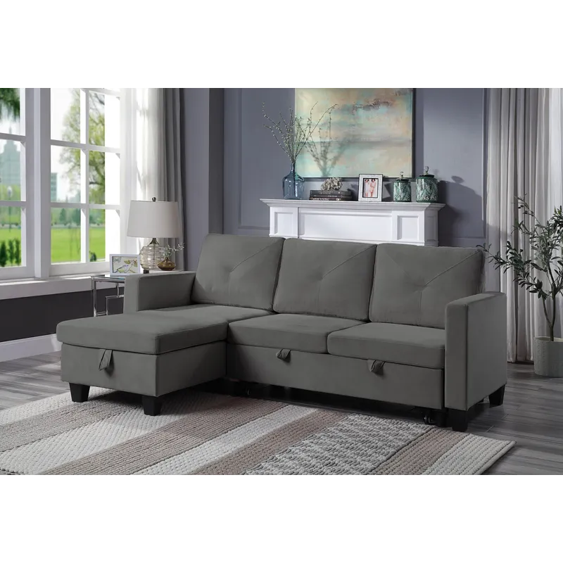 Nova - Velvet Reversible Sleeper Sectional Sofa With Storage Chaise - Dark Gray
