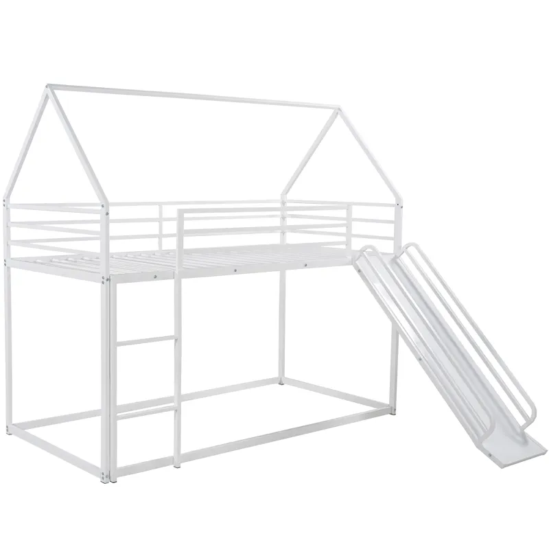 Twin Over Twin House Bunk Bed With Ladder And Slide - White