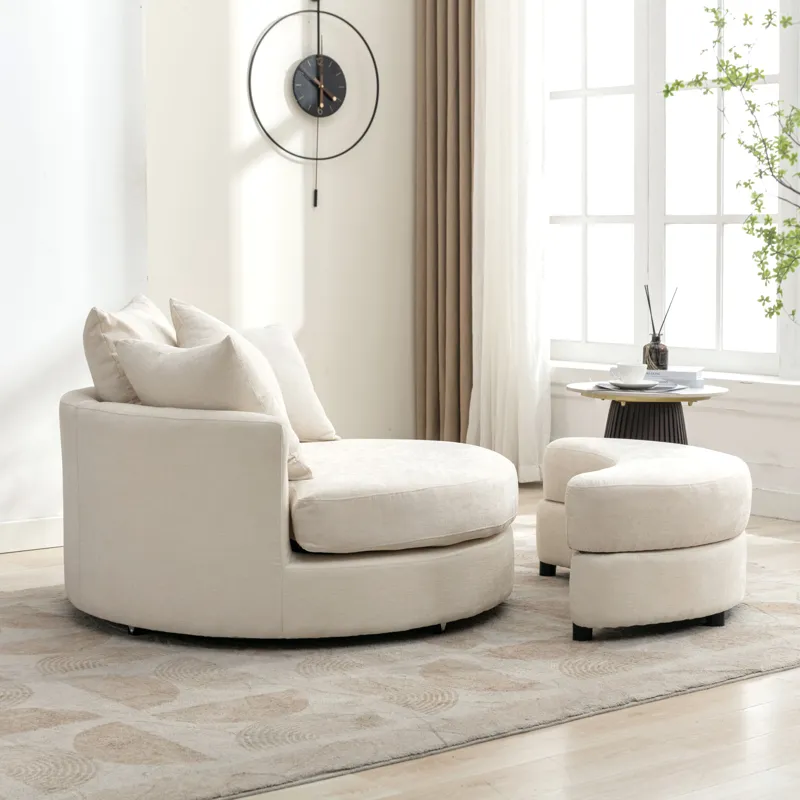 360° Swivel Accent Barrel Chair With Storage Ottoman & 4 Pillows, Modern Chenille Leisure Chair Round Accent For Living Room - Cream