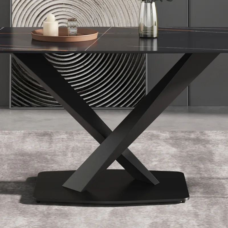 63\" Artificial Stone Black Curved Black Metal Leg Dining Table - Black