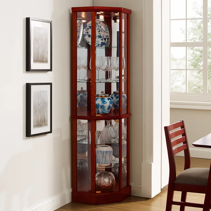 6 Shelf Lighted Corner Curio Cabinet With Adjustable Tempered Glass Shelves And Mirror Back (E26 Lig