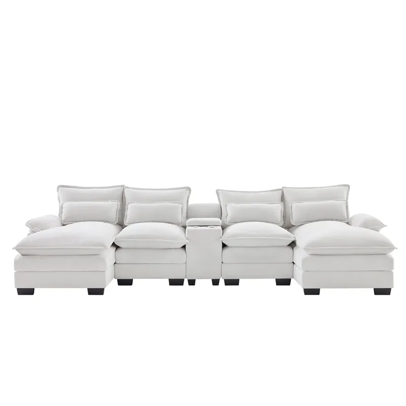 Modern U Shaped Sofa With Console, Cupholders And USB Ports, 6 Seat Upholstered Symmetrical Indoor F