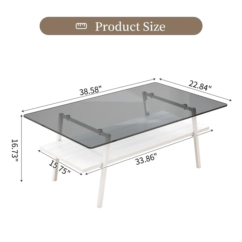 Rectangle Coffee Table, Tempered Glass Tabletop With White Metal Legs, Modern Table For Living Room 