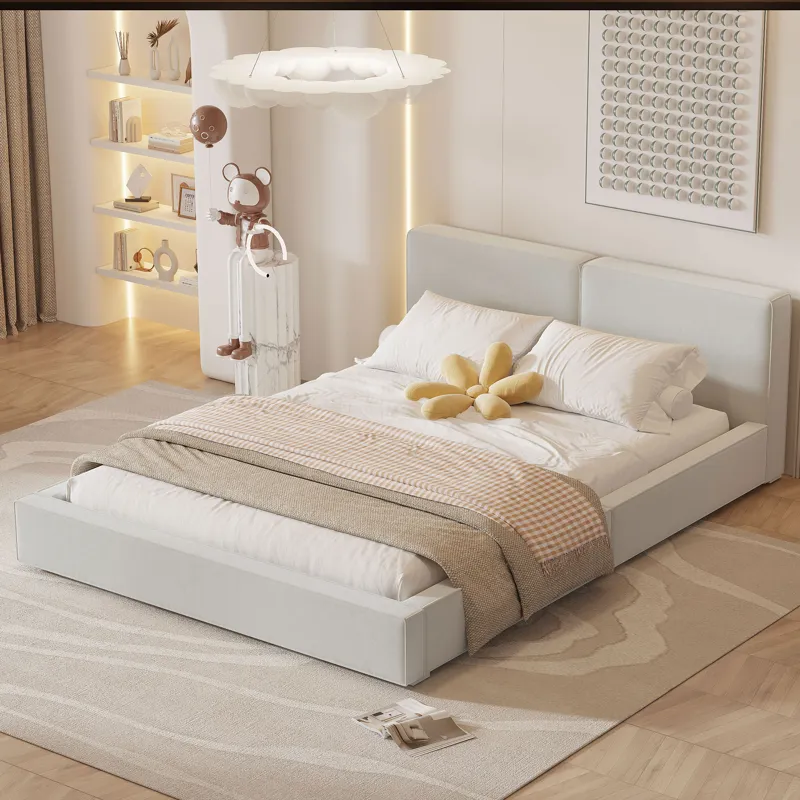 Queen Size Upholstered Platform Bed With , Grounded Bed With Solid Frame - Beige