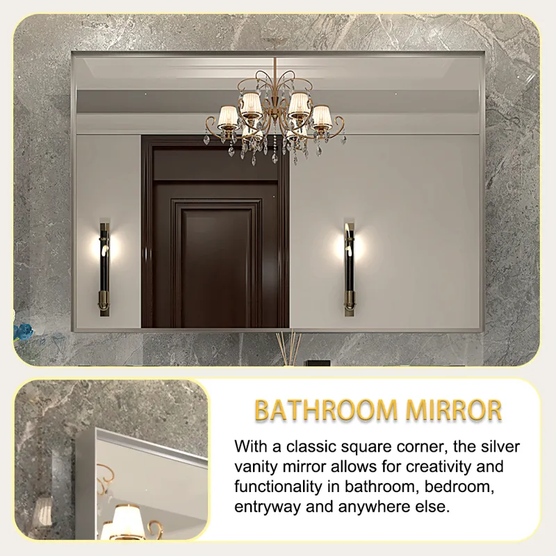 40X30\" Silver Rectangular Wall-Mounted Beveled Bathroom Mirror, Square Angle Metal Frame Wall Mount
