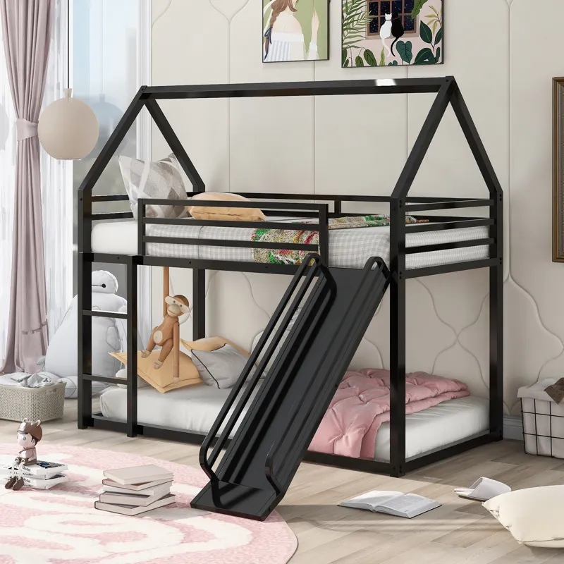 Twin Over Twin House Bunk Bed With Ladder And Slide - Black