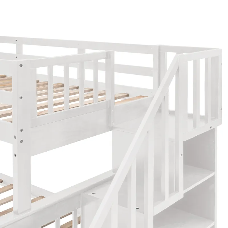 Twin Over Full Stairway Bunk Bed With Drawer, Storage And Guard Rail For Bedroom, Dorm, For Adults -