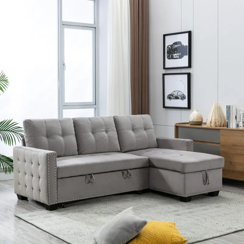 Reversible Sectional Storage Sleeper Sofa Bed, L-Shape 2 Seat Sectional Chaise With Storage, Skin-Fe