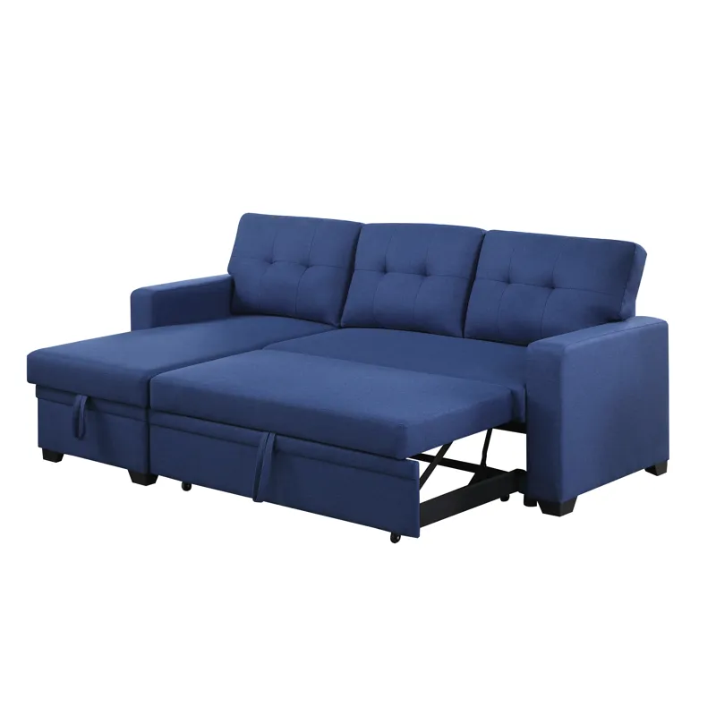 Upholstered Pull Out Sectional Sofa With Chaise - Blue