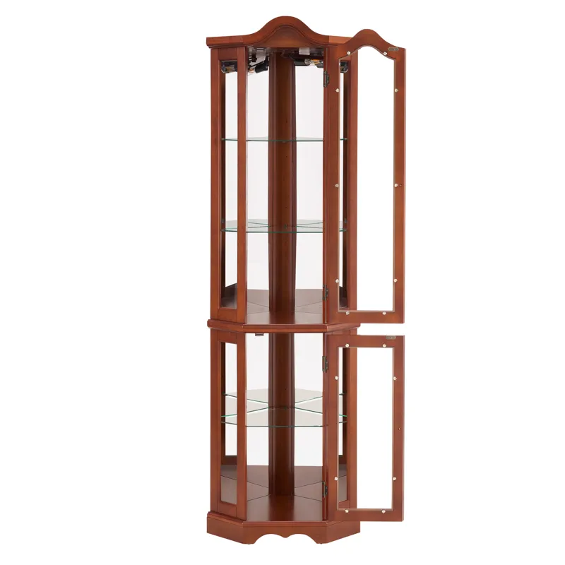 Corner Curio Cabinet With Lights, Adjustable Tempered Glass Shelves, Mirrored Back, Display Cabinet 