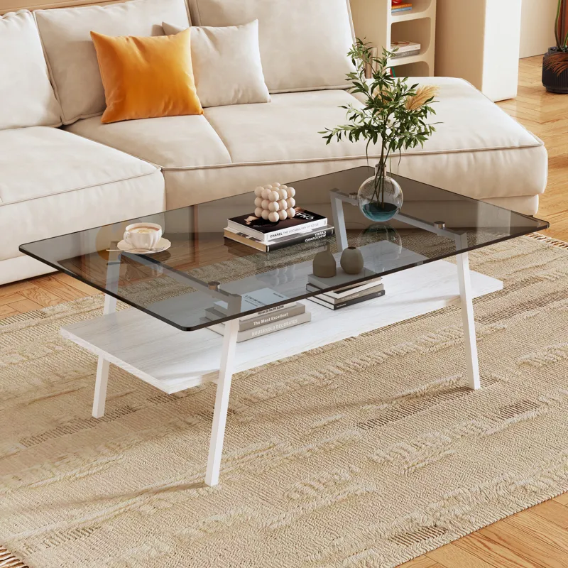 Rectangle Coffee Table, Tempered Glass Tabletop With White Metal Legs, Modern Table For Living Room 