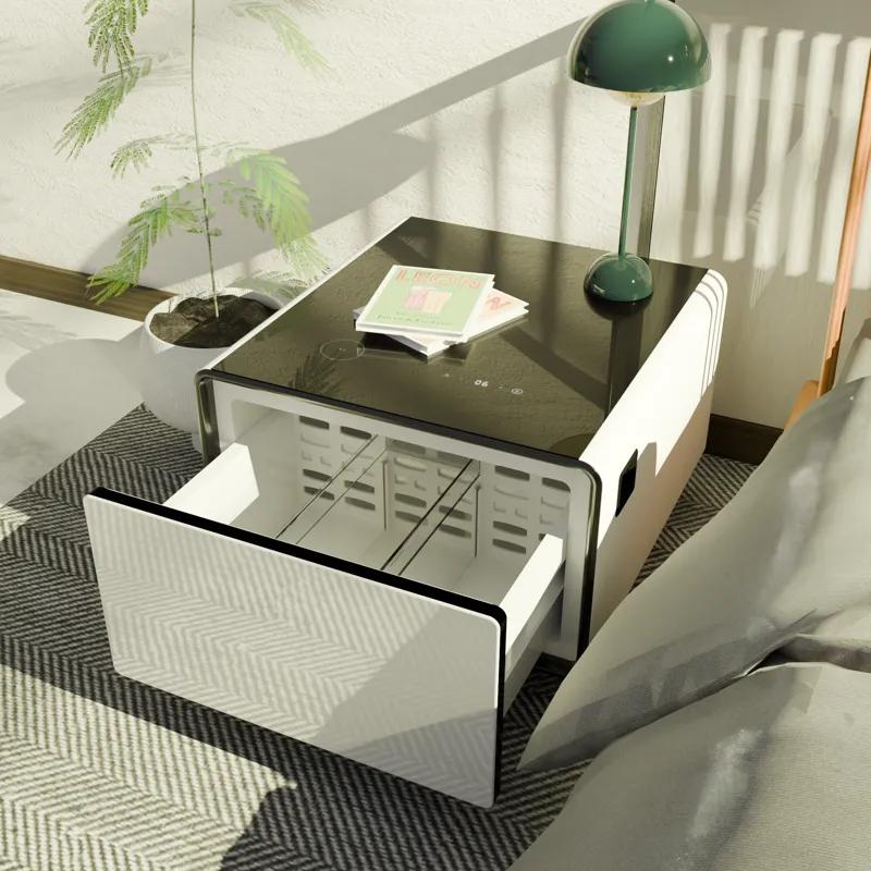 Modern Smart Side Table With Built-In Fridge, Wireless Charging, Temperature Control, Power Socket, 