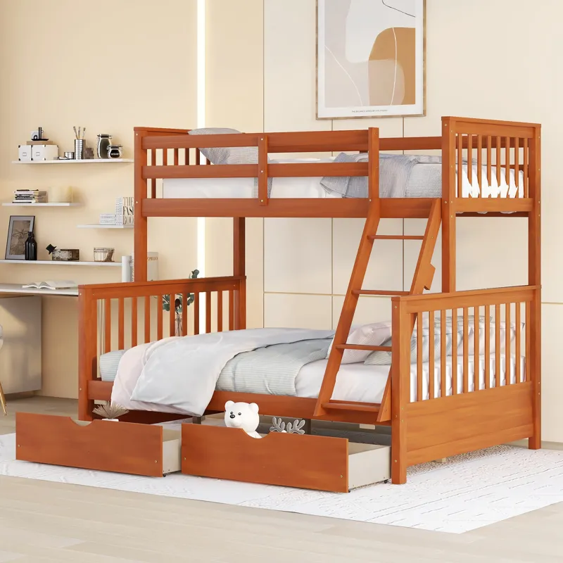 Twin Over Full Bunk Bed With Ladders And Two Storage Drawers - Walnut