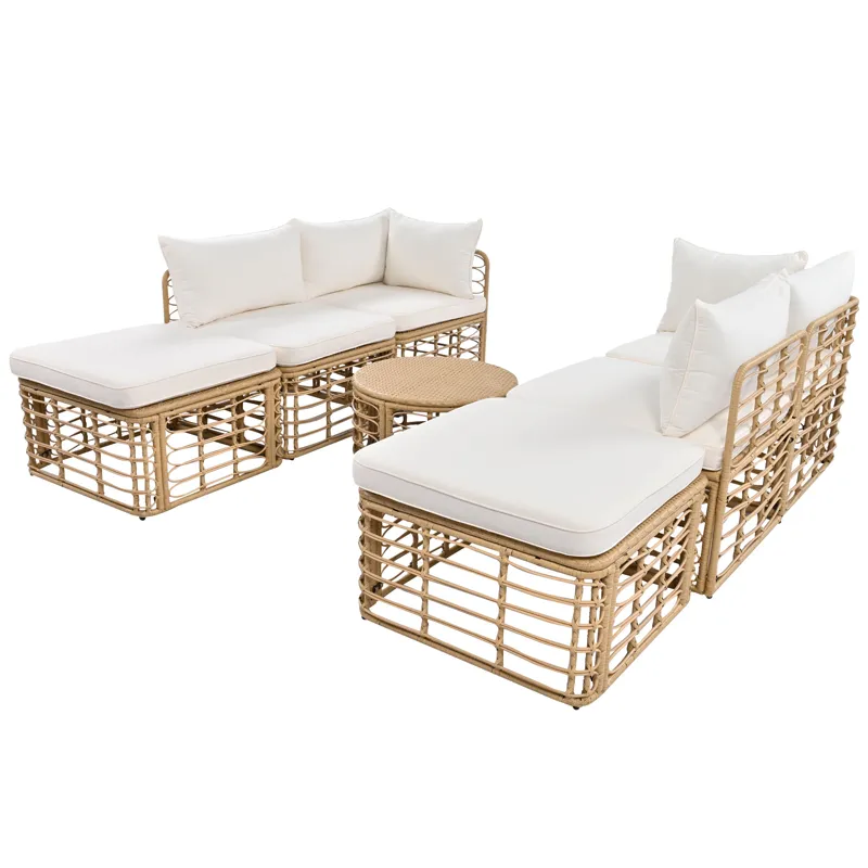 7 Pieces Outdoor Patio Furniture, All-Weather Rattan Sectional Sofa Set With Thick Cushions And Pill