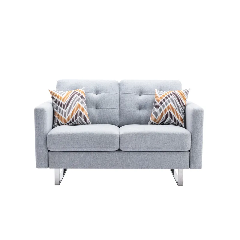 Victoria - Linen Fabric Loveseat With Metal Legs, Side Pockets, And Pillows - Light Gray