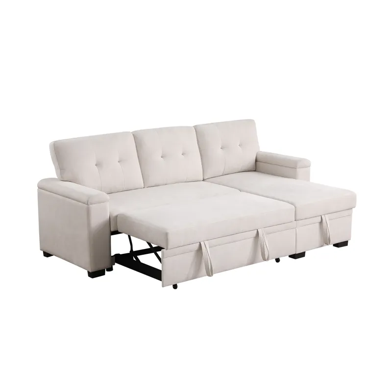 Lucca II  - 84.5\"W Beige Woven Fabric Reversible Sleeper Sectional Sofa With Storage Chaise and Poc