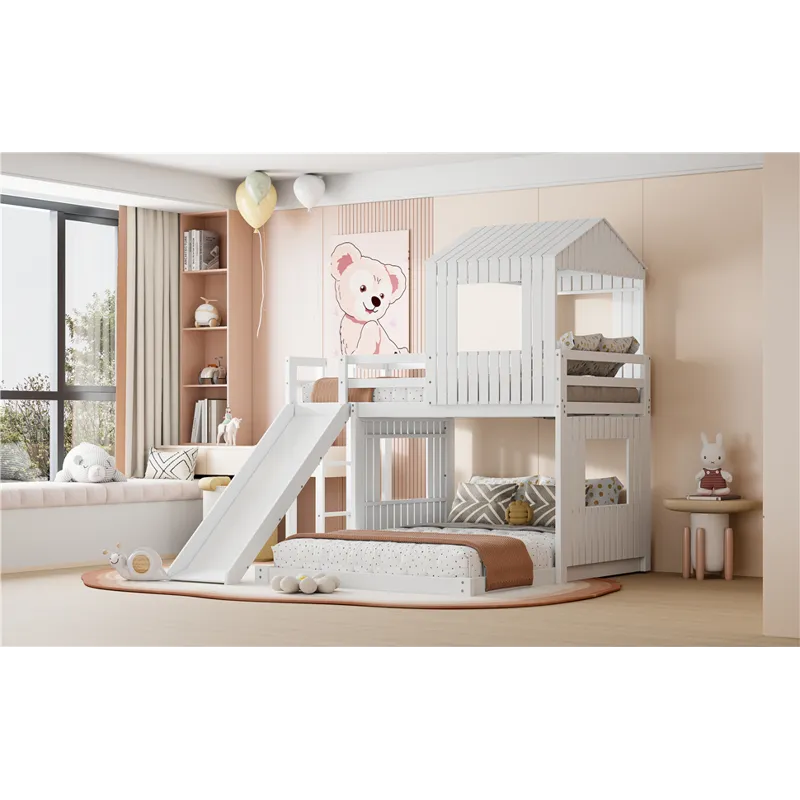Wooden Twin Over Full Bunk Bed, Loft Bed With Playhouse, Farmhouse, Ladder, Slide And Guardrails - W