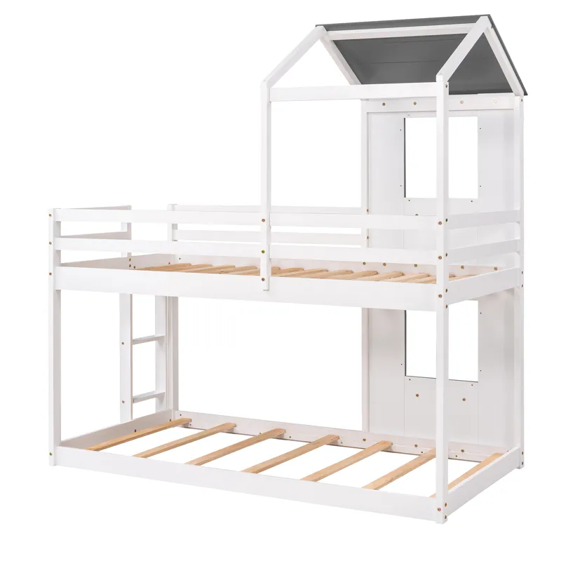 Twin Over Twin Bunk Bed Wood Bed & Roof, Window, Guardrail, Ladder - White