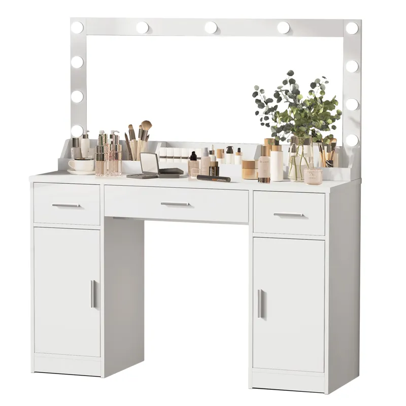 47.2" Vanity Desk With Large Mirror, 3 Colour Lighting Modes, Adjustable Brightness, Dresser With 3 Drawers & 2 Vertical Cabinets, Makeup Vanity Table For Women & Girls - White