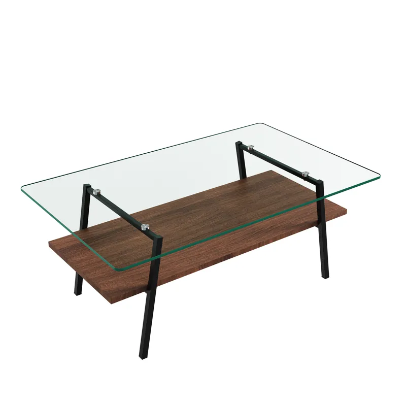 Rectangle Coffee Table, Tempered Glass Tabletop With Metal Legs, Modern Table For Living Room, Trans