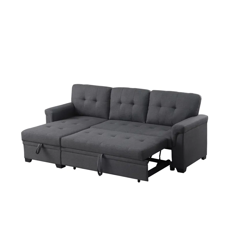 Lucca - Linen Reversible Sleeper Sectional Sofa With Storage Chaise - Dark Gray
