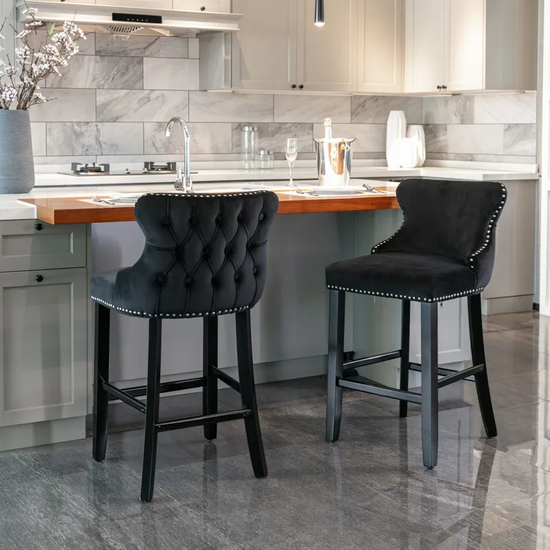 Contemporary Velvet Upholstered Wing-Back Barstools With Button Tufted Decoration And Wooden Legs, A