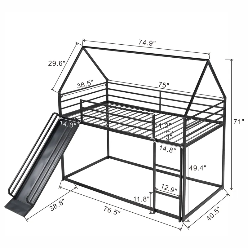 Twin Over Twin House Bunk Bed With Ladder And Slide - Black