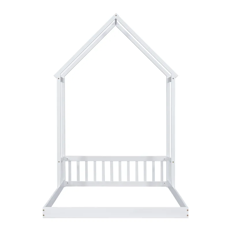 Full Roof-Framed Headboard Floor Bed With Headboard Guardrails - Without Slats White